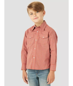 Wrangler | Boys Orange Plaid Wrinkle Resist LS Snap Shirt
