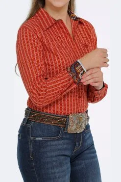 Cinch | Ladies Orange Print LS Shirt -Boy Straw Hat Sales Shop MSW9164190 3